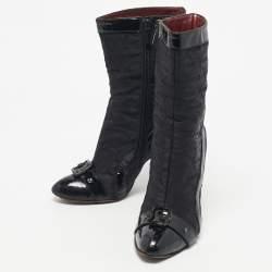 Pre Owned Roberto Cavalli Black Monogram Nylon and Patent Leather Buckle Ankle Length Boots Size 37