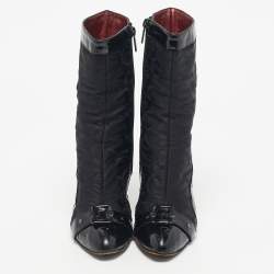 Pre Owned Roberto Cavalli Black Monogram Nylon and Patent Leather Buckle Ankle Length Boots Size 37