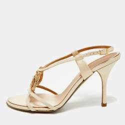 Pre Owned Roberto Cavalli Beige Leather Crystals Embellished Ankle Strap Sandals Size 39