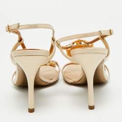 Pre Owned Roberto Cavalli Beige Leather Crystals Embellished Ankle Strap Sandals Size 39