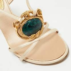 Pre Owned Roberto Cavalli Beige Leather Crystals Embellished Ankle Strap Sandals Size 39