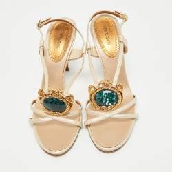 Pre Owned Roberto Cavalli Beige Leather Crystals Embellished Ankle Strap Sandals Size 39