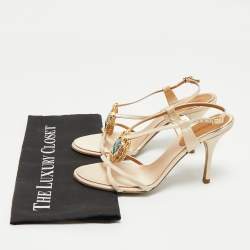 Pre Owned Roberto Cavalli Beige Leather Crystals Embellished Ankle Strap Sandals Size 39