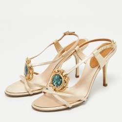 Pre Owned Roberto Cavalli Beige Leather Crystals Embellished Ankle Strap Sandals Size 39