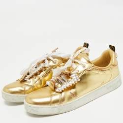 Pre Owned Roberto Cavalli Gold Leather Crystal Embellished Low Top Sneakers Size 39
