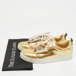 Pre Owned Roberto Cavalli Gold Leather Crystal Embellished Low Top Sneakers Size 39