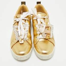 Pre Owned Roberto Cavalli Gold Leather Crystal Embellished Low Top Sneakers Size 39