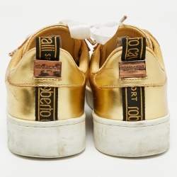 Pre Owned Roberto Cavalli Gold Leather Crystal Embellished Low Top Sneakers Size 39