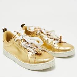 Pre Owned Roberto Cavalli Gold Leather Crystal Embellished Low Top Sneakers Size 39