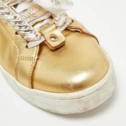 Pre Owned Roberto Cavalli Gold Leather Crystal Embellished Low Top Sneakers Size 39