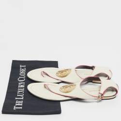 Pre Owned Roberto Cavalli White/Pink Leather Gold Logo Thong Flat Sandals Size 39