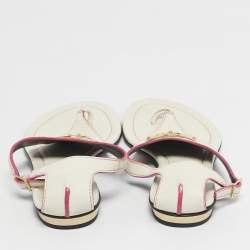 Pre Owned Roberto Cavalli White/Pink Leather Gold Logo Thong Flat Sandals Size 39