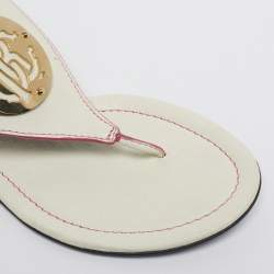 Pre Owned Roberto Cavalli White/Pink Leather Gold Logo Thong Flat Sandals Size 39
