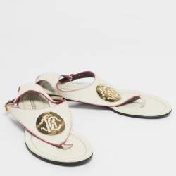 Pre Owned Roberto Cavalli White/Pink Leather Gold Logo Thong Flat Sandals Size 39