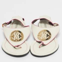 Pre Owned Roberto Cavalli White/Pink Leather Gold Logo Thong Flat Sandals Size 39