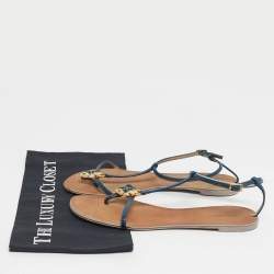 Pre Owned Roberto Cavalli Blue Patent Leather Embellished Thong Flat Sandals Size 39