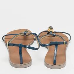 Pre Owned Roberto Cavalli Blue Patent Leather Embellished Thong Flat Sandals Size 39