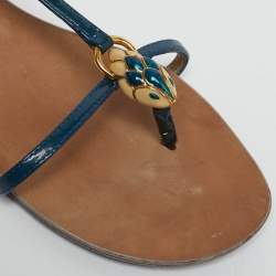 Pre Owned Roberto Cavalli Blue Patent Leather Embellished Thong Flat Sandals Size 39
