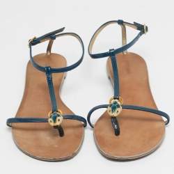 Pre Owned Roberto Cavalli Blue Patent Leather Embellished Thong Flat Sandals Size 39