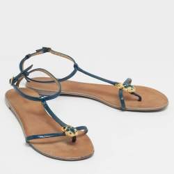 Pre Owned Roberto Cavalli Blue Patent Leather Embellished Thong Flat Sandals Size 39