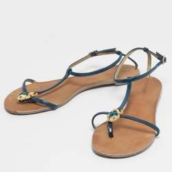 Pre Owned Roberto Cavalli Blue Patent Leather Embellished Thong Flat Sandals Size 39