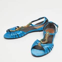 Pre Owned Roberto Cavalli Blue Satin snake Logo T-Strap Flat Sandals Size 39
