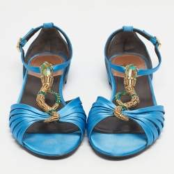 Pre Owned Roberto Cavalli Blue Satin snake Logo T-Strap Flat Sandals Size 39