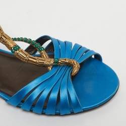Pre Owned Roberto Cavalli Blue Satin snake Logo T-Strap Flat Sandals Size 39