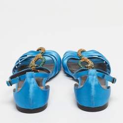 Pre Owned Roberto Cavalli Blue Satin snake Logo T-Strap Flat Sandals Size 39