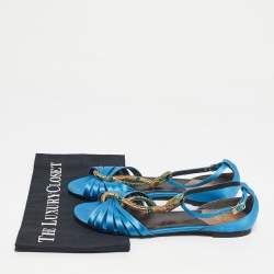 Pre Owned Roberto Cavalli Blue Satin snake Logo T-Strap Flat Sandals Size 39