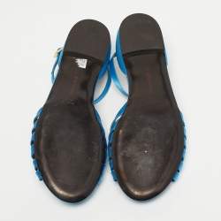 Pre Owned Roberto Cavalli Blue Satin snake Logo T-Strap Flat Sandals Size 39