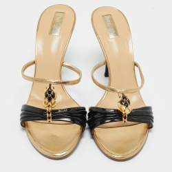 Pre Owned Roberto Cavalli Gold/Black Leather and Patent Embellished Brooch Slide Sandals Size 39