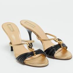 Pre Owned Roberto Cavalli Gold/Black Leather and Patent Embellished Brooch Slide Sandals Size 39