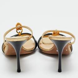 Pre Owned Roberto Cavalli Gold/Black Leather and Patent Embellished Brooch Slide Sandals Size 39