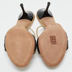 Pre Owned Roberto Cavalli Gold/Black Leather and Patent Embellished Brooch Slide Sandals Size 39