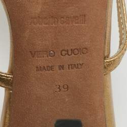 Pre Owned Roberto Cavalli Gold/Black Leather and Patent Embellished Brooch Slide Sandals Size 39