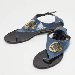 Pre Owned Roberto Cavalli Blue Croc Embossed Leather Thong Ankle Strap Flat Sandals Size 39