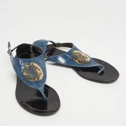 Pre Owned Roberto Cavalli Blue Croc Embossed Leather Thong Ankle Strap Flat Sandals Size 39
