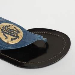 Pre Owned Roberto Cavalli Blue Croc Embossed Leather Thong Ankle Strap Flat Sandals Size 39