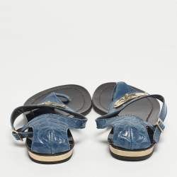 Pre Owned Roberto Cavalli Blue Croc Embossed Leather Thong Ankle Strap Flat Sandals Size 39