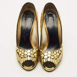 Pre Owned Roberto Cavalli Black/Gold Suede Scale Embellish Peep Toe Pumps Size 36.5