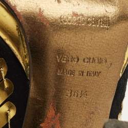 Pre Owned Roberto Cavalli Black/Gold Suede Scale Embellish Peep Toe Pumps Size 36.5