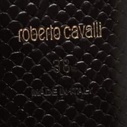 مملوكة مسبقًا Roberto Cavalli Yellow/Black Watersnake Leather Ankle Strap Flat Sandals Size 38