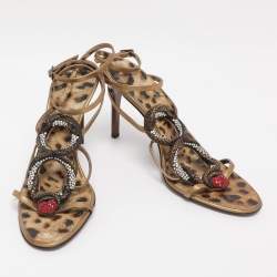 Pre Owned Roberto Cavalli Gold Leather Heart Snake Ankle Strap Sandals Size 38