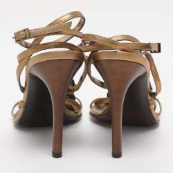 Pre Owned Roberto Cavalli Gold Leather Heart Snake Ankle Strap Sandals Size 38