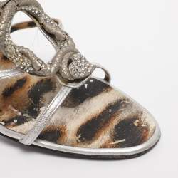 Pre Owned Roberto Cavalli Silver Leather Heart Snake Ankle Strap Sandals Size 38