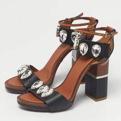 Pre Owned Roberto Cavalli Brown/Black Leather Crystal Embellished Ankle Strap Sandals Size 38
