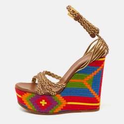 Pre Owned Roberto Cavalli Gold Braided Leather Platform Wedge Ankle Strap Sandals Size 38