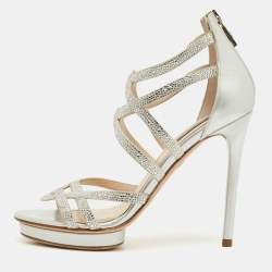 Pre Owned Roberto Cavalli Silver Leather Crystal Embellished Strappy Sandals Size 37