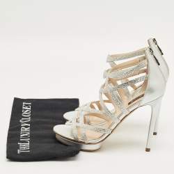 Pre Owned Roberto Cavalli Silver Leather Crystal Embellished Strappy Sandals Size 37